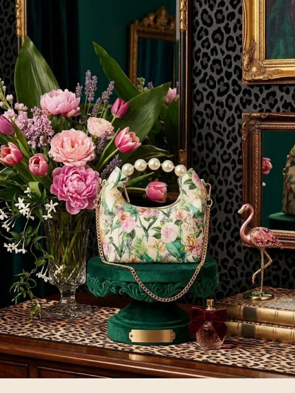 New Betsey Johnson Garden Floral Chain Strap Crossbody Bag Green Beige